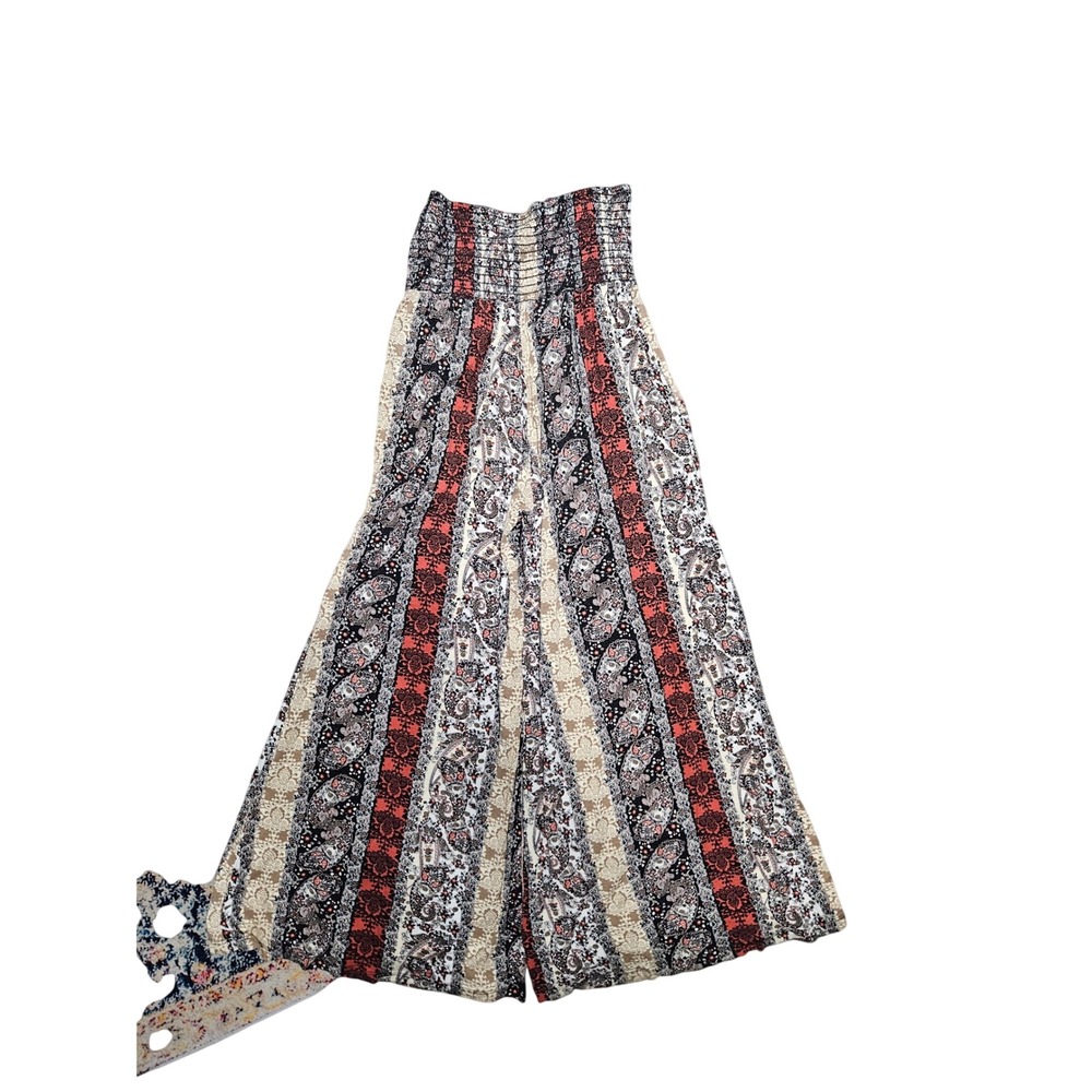 Boho Paisley Floral Wide Leg Palazzo Pants Smocked High Waist Rust Cream Black - Picture 3 of 4